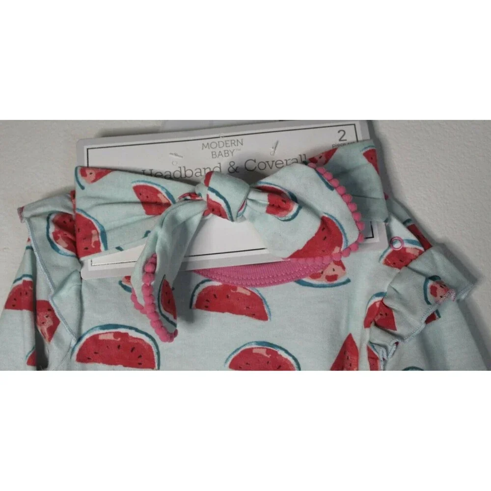 Modern Baby Coverall And Headband 12 Months 2pc Teal Watermelon